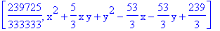 [239725/333333, x^2+5/3*x*y+y^2-53/3*x-53/3*y+239/3]